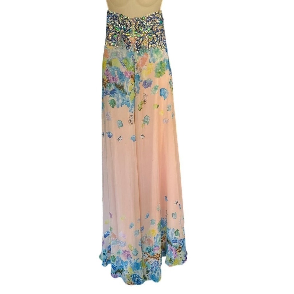 Tony Bowls Evenings Floral Beaded Strapless‎ Gown Peach Blue Watercolor Dress 2 - Picture 2 of 7